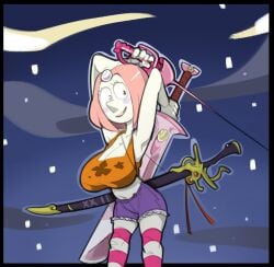 1girls 2d_(artwork) armpits arms_behind_head big_breasts blush cleavage denim_shorts gem_(species) greatsword holding_weapon humanoid katana looking_at_viewer mangneto night pearl_(steven_universe) pink_hair purple_shorts rapier smiling_at_viewer starry_sky steven_universe thighhighs thin_female weapon