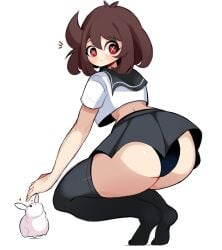 1girls big_ass brown_hair bunny crop_top emi_(gazericc) gazericc kneeling light-skinned_female no_background panties red_eyes school_uniform short_hair skirt slightly_chubby surprised thick_thighs thighhighs upskirt