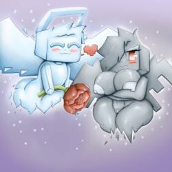 1boy1girl allay_(minecraft) big_breasts blue_skin blush closed_eyes deviantart gray_hair grey_skin heart honeygoldenbee minecraft red_eyes rose_(flower) ❤️