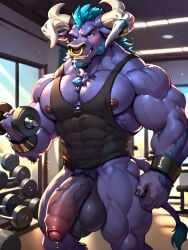 abs ai_generated alistar anthro balls bara big_balls big_cock big_penis bovid bovine bull cantsleep96 cattle cock dumbbell erection foreskin furry furry_only gym hi_res league_of_legends lifting_weights male male_only muscular nipples pecs penis solo tail tank_top veiny_penis