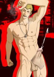 1boy abs absurd_res absurdres alternate_version_available atlus balls bara biceps big_balls big_penis blonde_hair cum cumming disembodied_hand ejaculation erection genital_fluids handjob hydaria looking_at_viewer male male_focus male_nipples male_only masturbation megami_tensei muscular_male nipples nude nude_male orgasm pecs penis persona persona_5 ryuji_sakamoto sega simple_background solo solo_focus solo_male