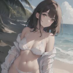 1girls ai_generated bare_shoulders bikini bikini_top brown_eyes brown_hair female large_breasts looking_at_viewer nipples_visible_through_clothing sagging_breasts stable_diffusion