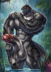 abs absurd_res anthro balls biceps big_balls big_muscles big_penis bodily_fluids bottomwear bottomwear_aside claws clothing clothing_aside dinosaur flaccid genital_fluids genitals glistening glistening_balls glistening_body glistening_genitalia glistening_muscles glistening_scales grey_body grey_scales hi_res huge_balls huge_cock huge_muscles humanoid_genitalia humanoid_penis loincloth loincloth_aside male muscular muscular_anthro muscular_male nipples partially_submerged pecs penis precum prehistoric_species quads reptile scales scalie solo striped_body stripes tail teeth theropod vein veiny_muscles veiny_penis yukihoshiak