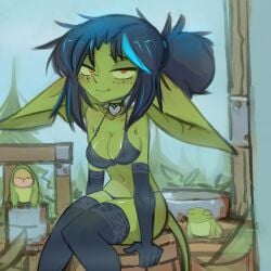 1girls 2020s 2024 2animals bedroom_eyes black_hair choker fantasy freckles frogs gloves goblin goblin_female green-skinned_female green_skin large_ears lingerie lingerie_only nradiowave outdoors sitting streaked_hair tagme