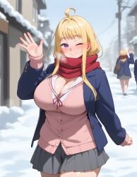 ai_generated curvy dosanko_gal_wa_namara_menkoi female large_breasts looking_at_viewer minami_fuyuki smile solo vizzored waving wide_hips