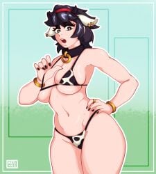 10kyowatts 1girls 2024 animal_ear_hairband bikini black_eyes black_hair black_nail_polish bracelets collar cow_ears cow_print cow_print_bikini earrings female female_only hairband hand_on_hip looking_at_viewer lucia_(scott_malin) solo thick_thighs very_high_resolution