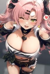 1girls big_breasts blush breasts green_eyes looking_at_viewer nicole_demara pink_hair sweat wink zenless_zone_zero