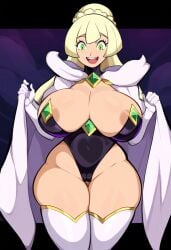 ai_generated alternate_breast_size alternate_costume blonde_hair curvaceous curvy curvy_figure fantasy female large_breasts lillie_(pokemon) mullon novelai pokemon pokemon_sm revealing_clothes smile wide_hips