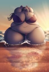 1girls anthro arms_up bbw beach belly_bulge bikini bikini_bottom bikini_top chubby_anthro chubby_belly chubby_female elephant elephant_girl female hands_behind_head large_breasts morbidly_obese navel purple_hair robthehoopedchipmunk sunset vega_(robthehoopedchipmunk) water water_splash