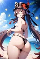 ai_generated alternate_costume ass ass_focus bare_shoulders bikini blush breasts butt_crack come_hither female from_behind genshin_impact grin hat hat_ornament hu_tao_(genshin_impact) long_hair looking_at_viewer looking_back naughty_face red_eyes shiny shiny_clothes shiny_hair shiny_skin sideboob small_breasts smile solo twintails very_long_hair