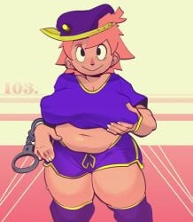 1girls 2018 2d_(artwork) armband bbw belly_button booty_shorts cap handcuffs kneesocks looking_at_viewer mangneto nipple_outline pink_hair skimpy_clothes slightly_chubby_female smiling_at_viewer solo_female stomach sweat