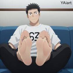 ai_assisted black_eyes black_hair foot_fetish foot_focus kafka_hibino kaiju_no.8 looking_at_viewer male_only sitting yaiart