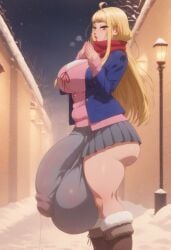 1futa ai_generated big_ass big_balls big_breasts big_penis clothed clothing dosanko_gal_wa_namara_menkoi flaccid futanari huge_balls huge_cock minami_kotori penis precum snowing standing zhenxiaohai