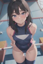 1girls ai_generated bare_shoulders blue_eyes braless dark_hair female gymnastics leotard looking_at_viewer nervous nervous_smile perfect_body stable_diffusion wet wet_pussy