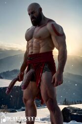 1boy ai_generated aimuscles bald bald_man bara barely_clothed barely_covered beard big_penis daddy dilf facial_hair god_of_war kratos large_penis looking_at_viewer male male_focus male_only mature_male muscles muscular muscular_arms muscular_ass muscular_back muscular_legs nature nature_background older_male outdoor_nudity outdoors partially_clothed_male partially_nude partially_undressed penis penis_sticking_out public_exposure red_markings red_skirt scantily_clad snow snowy_background winter