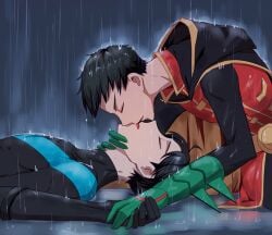 2boys age_difference batman_(series) chain247 damian_wayne dc dc_comics dick_grayson gay gloves holding_hands kissing male male/male male_only nightwing raining robin_(damian_wayne) robin_(dc) yaoi