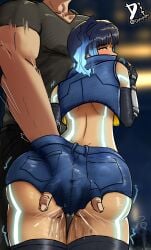 ass ass_focus big_ass blush booty_shorts climax clothed_sex cumming dplusplusplus dripping_pussy exhibitionism fingering glowing_markings hand_under_clothes muscular_male public rolling_eyes sena_(xenoblade) shaking size_difference wet_clothes wet_pussy xenoblade_(series) xenoblade_chronicles_3