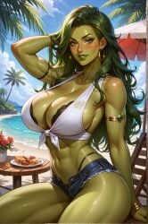 1girls abs ai_generated big_breasts booty_shorts breasts female female_only green_hair green_skin hulk_(series) jennifer_walters large_breasts marvel marvel_comics midriff muscles muscular muscular_arms muscular_female see-through see-through_clothing see-through_shirt see-through_top she-hulk short_shorts shorts solo solo_female thick_thighs