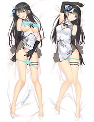 arm_up bangs bare_legs bare_shoulders bed_sheet black_gloves blue_panties blunt_bangs blush bra bra_lift breasts china_dress chinese_clothes cleavage cleavage_cutout covered_navel dakimakura dress dress_lift elbow_gloves erect_nipples eyebrows_visible_through_hair female fingering floral_print flower flute frills from_above full_body gloves hair_flower hair_ornament head_tilt instrument long_hair looking_at_viewer looking_up lying masturbation medium_breasts nipples no_legwear on_back open_mouth original panties panty_pull parted_lips ping-yi pulled_by_self see-through sex_toy shiny shiny_skin shoes short_dress sleeveless sleeveless_dress solo taka_tony tareme teeth thigh_gap thigh_strap underwear white_dress white_footwear