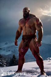 1boy ai_generated aimuscles bald bald_man bara barely_clothed barely_covered beard big_penis daddy dilf facial_hair god_of_war kratos large_penis looking_at_viewer male male_focus male_only mature_male muscles muscular muscular_arms muscular_ass muscular_back muscular_legs nature nature_background older_male outdoor_nudity outdoors partially_clothed_male partially_nude partially_undressed penis penis_sticking_out public_exposure red_markings red_skirt scantily_clad snow snowy_background winter