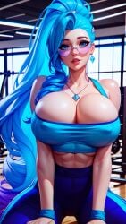 abdomen abs ai_generated big_breasts blue_eyes blue_hair breasts choker cleavage close-up collar covered_nipples erect_nipples fake_breasts female focus glasses gym gym_clothes gym_clothing gym_shorts gym_uniform huge_breasts k/da_all_out_series k/da_series kneeling large_breasts league_of_legends lips lipstick midriff nsfw ponytail portrait riot_games seduction seductive seductive_body seductive_gaze seductive_look seductive_pose seductive_smile seraphine_(league_of_legends) shiny_breasts shiny_clothes shiny_hair shiny_skin sitting sky4maleja upper_body very_long_hair