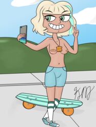 1girls bandaid bandaids_on_nipples blonde_hair disney female female_only freckles gesture green_eyes hdkyle jackie_lynn_thomas multicolored_hair selfie skateboard smile solo star_vs_the_forces_of_evil straight_hair v