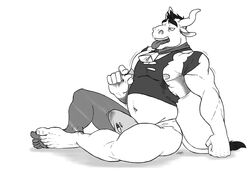 anthro belly big_belly big_biceps bovine cattle clothing collar erection greyscale kenjin male mammal monochrome nipple_pinch pinch solo tight_clothing tongue tongue_out torn_clothing transformation underwear wet_spot