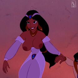 1boy 1girls aladdin aladdin_(1992_disney_film) aladdin_(character) arabian_clothes big_breasts breasts dark-skinned_female dark_skin disney disney_prince disney_princess edit harem_outfit mrsynn nipples princess princess_jasmine screenshot screenshot_edit