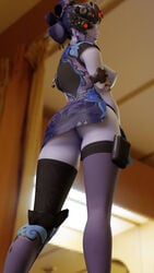 3d alternate_costume arhoangel ass black_lily_widowmaker blizzard_entertainment breasts looking_at_viewer looking_over_shoulder lunar_new_year lunar_new_year_series oppai overwatch thighhighs widowmaker year_of_the_dog