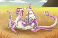 1boy anthro anus digitigrade dragon hair long_tongue looking_at_viewer male_only membranous_wings open_mouth pink_eyes pink_hair presenting sharp_teeth solo sunny_way teeth tongue wings