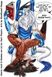 2002 aheria_acali alternate_version_at_source anthro anus armband bloodhound_omega blue_fur blue_scales book braided_hair brown_fur canine claws closed_eyes dragon duo english_text fangs feathers female from_behind_position fur hair horn humor laugh male mammal membranous_wings mixed_media nude open_mouth penetration penis pussy scales sex shadow simple_background speech_bubble spots spotted_fur straight sweat sweatdrop tears text vaginal_penetration white_background white_fur wings