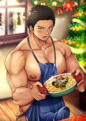 1boy 1male abs apron apron_only bara biceps big_breasts big_pecs big_penis black_hair blue_apron blush blushing bulge busty christmas christmas_decorations christmas_tree crotch erect_nipples erection erection_under_apron food grey_eyes human human_only looking_at_viewer male male_chest male_focus male_nipples male_only manboobs moobs mouth_open muscle muscles muscular muscular_male nude nude_male open_mouth pecs pectorals solo solo_focus solo_male tan tan_body tan_skin toned toned_body toned_male ygyg2200