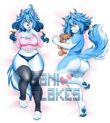 anthro baniflakes blue_fur blue_tail blush breasts canine elyse_(baniflakes) female fur furry highres mammal mature_female multicolored_fur nude pink_background simple_background smile solo toes tongue white_fur