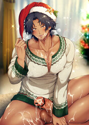 1boy blush bottomless censored christmas cum gay male male_focus male_only muscle pecs penis sitting solo tagme testicles yaoi ygyg2200