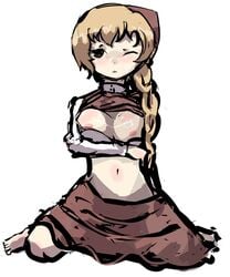 blonde_hair blush breasts cum cum_on_breasts cum_on_face ibarazaki_meiko katawa_shoujo shirt_lift wink