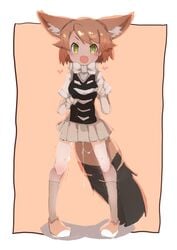 :d black-backed_jackal_(kemono_friends) bow bowtie brown_hair elbow_gloves extra_ears female full_body gloves green_eyes heart heart-shaped_pupils highres jackal_ears kemono_friends legs_apart looking_at_viewer oerba_yun_fang open_mouth pigeon-toed pleated_skirt pussy_juice pussy_juice_trail short_hair sketch skirt smile solo symbol-shaped_pupils teranekosu white_neckwear