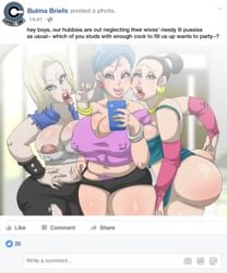 3girls android_18 arm_sleeves big_ass big_lips bimbo bubble_ass bulma_briefs cheating chichi chubby contingency dragon_ball dragon_ball_super english_text facebook female female_only hoop_earrings makeup milf multiple_girls nipples_visible_through_clothing overweight saliva_drip slightly_chubby social_media text voluptuous