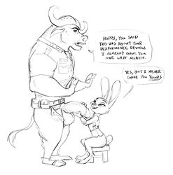 2018 adam_wan anthro balls black_and_white bovine buffalo chief_bogo clothed clothing dialogue disney duo english_text erection exposed female humanoid_penis judy_hopps lagomorph male mammal monochrome open_mouth penis rabbit simple_background size_difference sketch straight text white_background zootopia