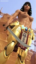 3d abs alternate_costume asp_pharah black_eyes black_hair blender breasts dark-skinned_female dark_skin egyptian female hair_ornament high_resolution holding_sword holding_weapon looking_away medium_breasts muscle muscular_female overwatch pharah pharah-best-girl power_armor pubic_hair scar sword weapon