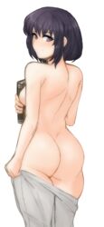 1girls ass back back_view bare_arms bare_back bare_shoulders black_hair book breasts butt clothes_removed clothing clothing_down dat_ass fire_emblem fire_emblem:_thracia_776 gray_eyes grey_eyes looking_at_viewer olwen_(fire_emblem) rear_view short_hair sideboob smile stripping thick_thighs thighs transparent_background tridisart undressing