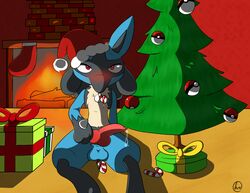 anal anal_sex anthro balls candy candy_cane canine christmas contimplatininspiratio food gift hi_res holidays improvised_sex_toy lucario male male_only mammal nintendo penetration penis pokemon pokemon_(species) precum solo video_games