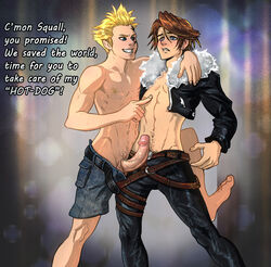 2boys anma anma_(ryuichi87) barefoot blonde_hair brown_hair erection feet final_fantasy final_fantasy_viii gay male male_focus male_only multiple_boys naughty_face penis squall_leonhart uncensored undressing yaoi zell_dincht