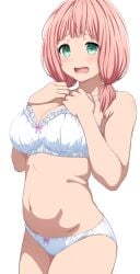 1girls armpit_crease bang_dream! big_breasts blunt_bangs bow_bra bow_panties bra breasts collarbone cowboy_shot eyebrows_visible_through_hair female female_focus female_only frilled_bra frills green_eyes hair_tie hand_on_breast large_breasts lingerie lingerie_only navel noshimurin open_mouth panties pink_bow pink_hair plump portrait shadow short_hair simple_background solo solo_female standing uehara_himari underwear very_high_resolution white_background white_bra white_panties white_underwear