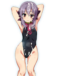 armpits blush breasts brown_eyes bukkake covered_navel cum groin hair_ornament hair_ribbon heart heart-shaped_pupils hiiragi_shinoa looking_at_viewer nipples ouhashi owari_no_seraph purple_hair ribbon see-through simple_background small_breasts smile sweat swimsuit swimwear symbol-shaped_pupils white_background