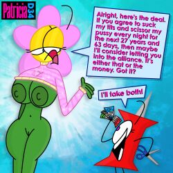 1:1 2026 2d 2girls anthro areolae artist_name battle_for_bfb battle_for_bfdi battle_for_dream_island belly_button bfb bfdi big_breasts blue_background blue_eyes breasts color dialogue digital_media_(artwork) english_text excited eyelashes female female/female female_only flower_(bfdi) green_body hi_res hourglass_figure ill-fitting_clothes imminent_injury imminent_pain imminent_torture implied_imminent_pain ineffective_clothing jacknjellify jnj larger_female money mouth_open nipples object_show object_show_community object_shows offering_sex osc patricia-d34 pin_(bfdi) pink_petals pink_sweater plant plant_humanoid purple_eyes pussy red_body scissors side_view size_difference slim_waist small_clothes smaller_female smile sparkles sparkly_sweater stick_limbs sweater talking_to_another teeth_showing text the_power_of_two thin_arms thin_legs toony tpot wide_hips yellow_head yuri