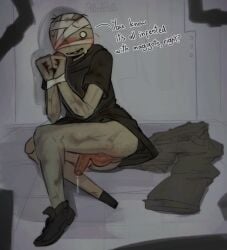 amputated_leg amputee bandages black_shoes blood_stain blush blushing dick erect_penis erection green_skin humiliated humiliation lying_on_ground malesub mewgenics missing_leg missing_tooth no_underwear non-con non-consensual organ_grinder_(mewgenics) penis precum precum_drip sitting sitting_on_floor small_penis solo_male sweat sweatdrop sweating tape tied_hands tied_up undead white_eyes white_pupils zombie