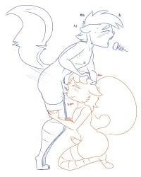 anthro balls braces clothing duo english_text eyes_closed fellatio femboy genitals hi_res ian_(lechugansfw) lechugansfw legwear male male/male male_penetrated male_penetrating male_penetrating_male mammal matt_(lechugansfw) mephitid oral penetration penile penile_penetration penis penis_in_mouth rodent sciurid sex skunk tail text thick_thighs thigh_highs tree_squirrel