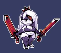 2017 pixel_art mangneto female white-skinned_female princess tiara eyepatch armwear legwear weapons dual_wielding weapon sword high_heels bra underwear slightly_chubby_female headband