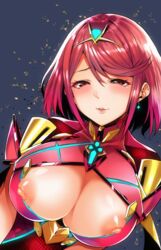 1girls breasts female large_breasts nintendo nipple_slip nipples pyra red_eyes red_hair seductive seductive_look short_hair smile smug solo upper_body xenoblade_(series) xenoblade_chronicles_2 yuuki_shin