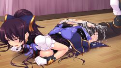1girl after_rape after_sex ass black_pantyhose blush boots bow breasts crying cum cum_on_ass cum_on_body cum_on_clothes game_cg genseishinki_sacred_virth gloves hair_bow large_breasts large_variant_set long_hair lying magical_girl non-web_source official_art on_floor on_stomach open_mouth pantyhose ponytail purple_eyes red_eyes ribbon sacred_noire sad self-datamine solo streaming_tears tears torn_clothes torn_pantyhose variant_set white_gloves wooden_floor yuugure_pairo yuuki_setsu